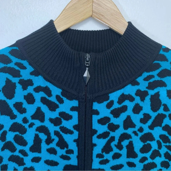 Susan Graver Cardigan Woman Large  Blue Animal Print Full Zip Pockets Stretch - Picture 2 of 11